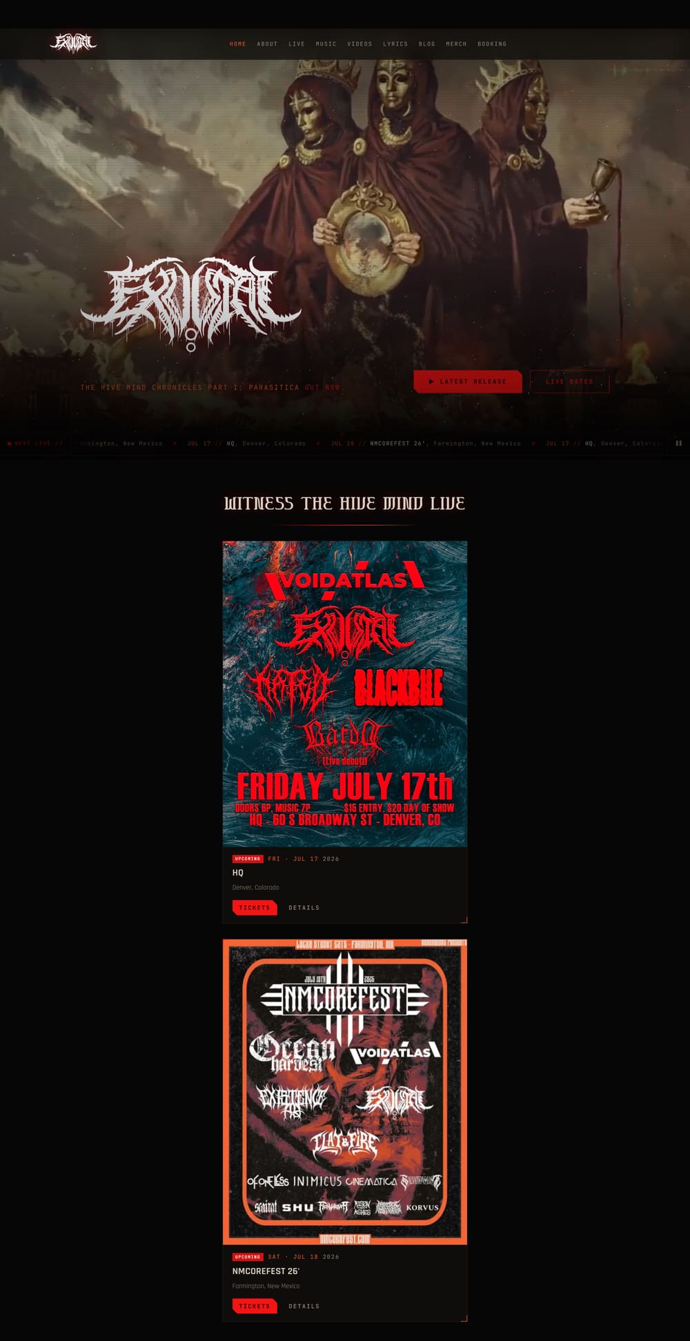The Exuvial website, desktop