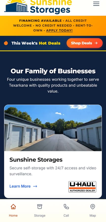 The Sunshine Storages website, mobile